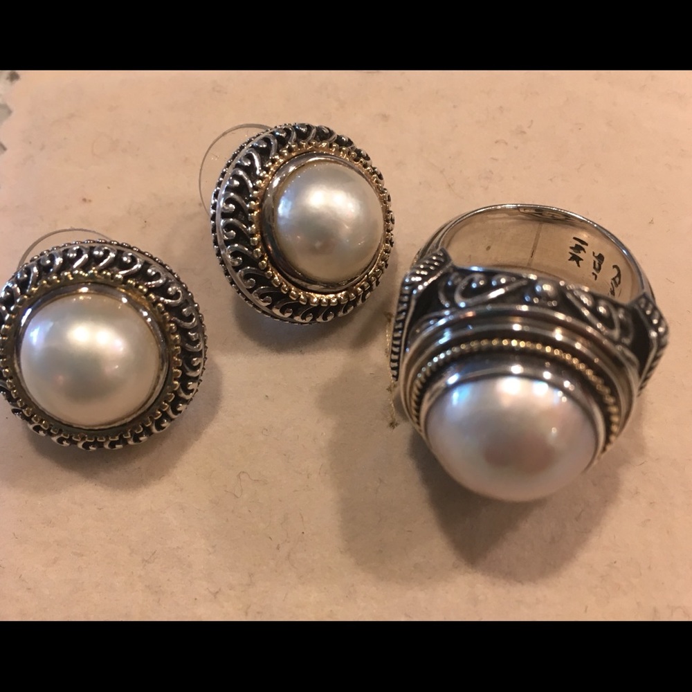 SOLD Sterling Silver and 14K Yellow Gold Pearl Set - Picture 3 of 7